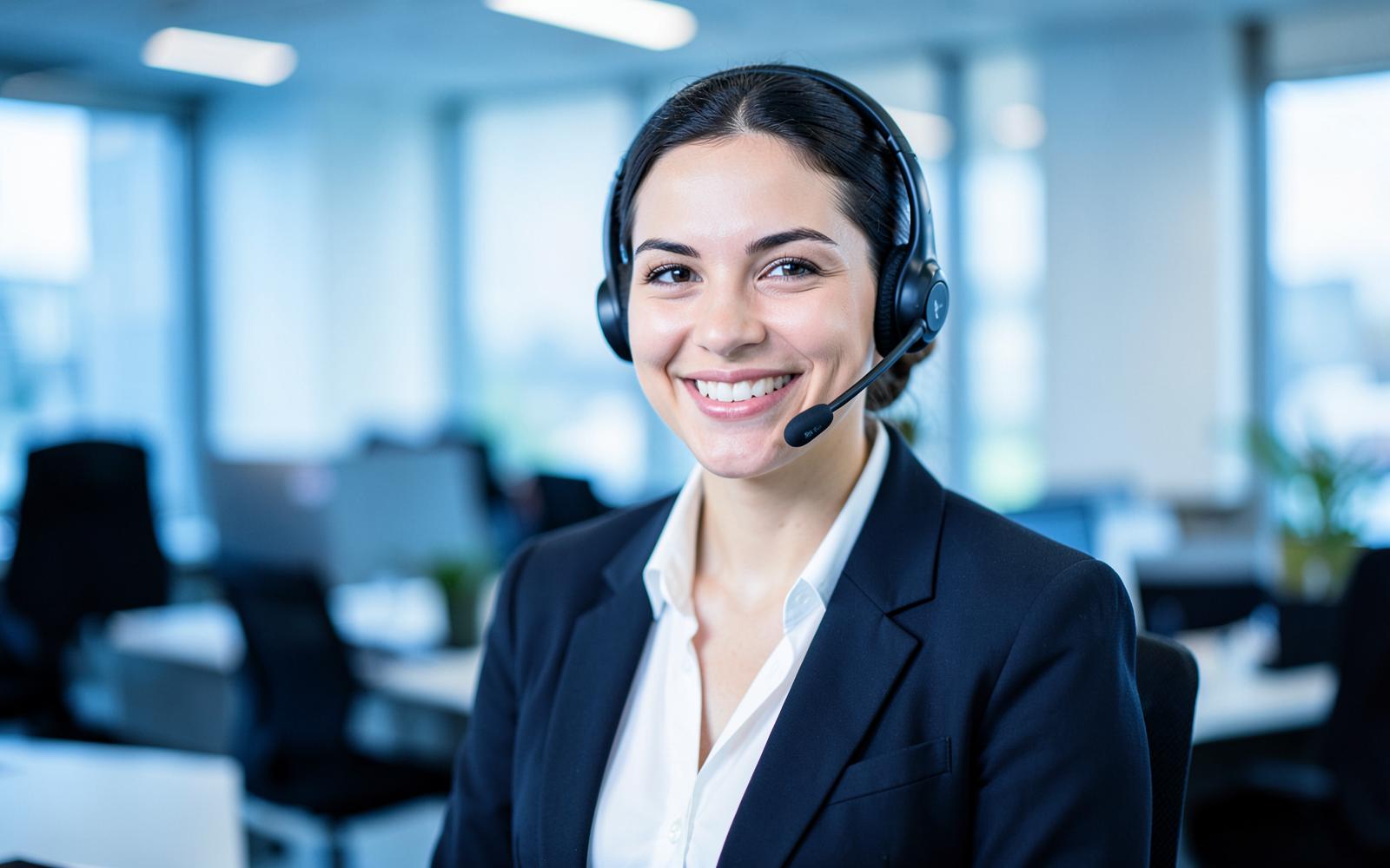 Atendente sorrindo com headset durante atendimento ao cliente